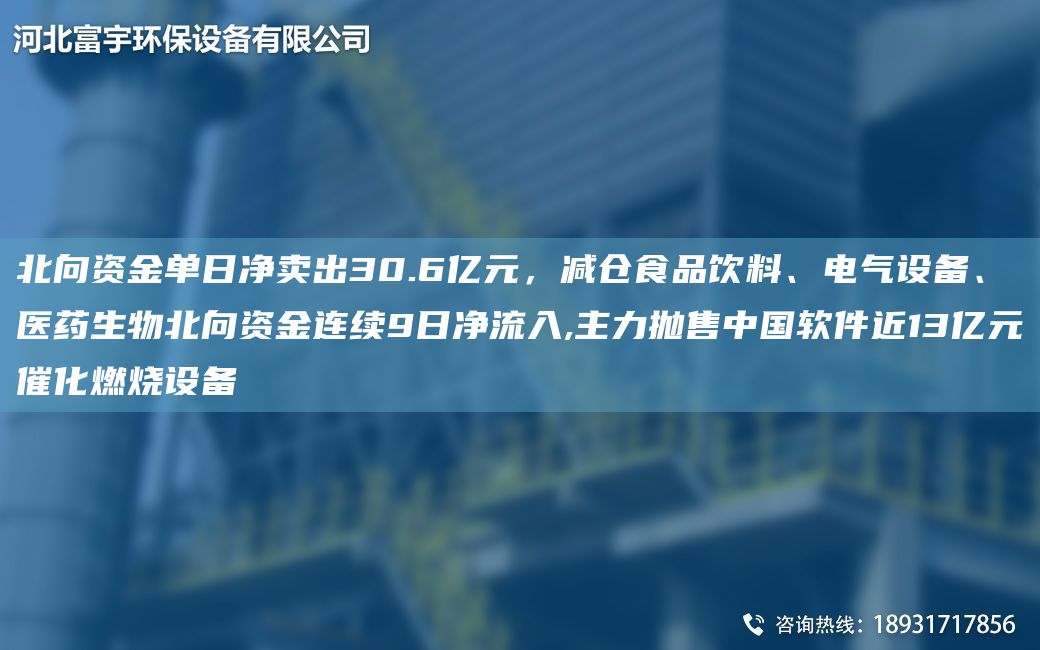北向資金單日凈賣出30.6億元，減倉食品飲料、電氣設(shè)備、醫(yī)藥生物北向資金連續(xù)9日凈流入,主力拋售中G軟件近13億元催化燃燒設(shè)備