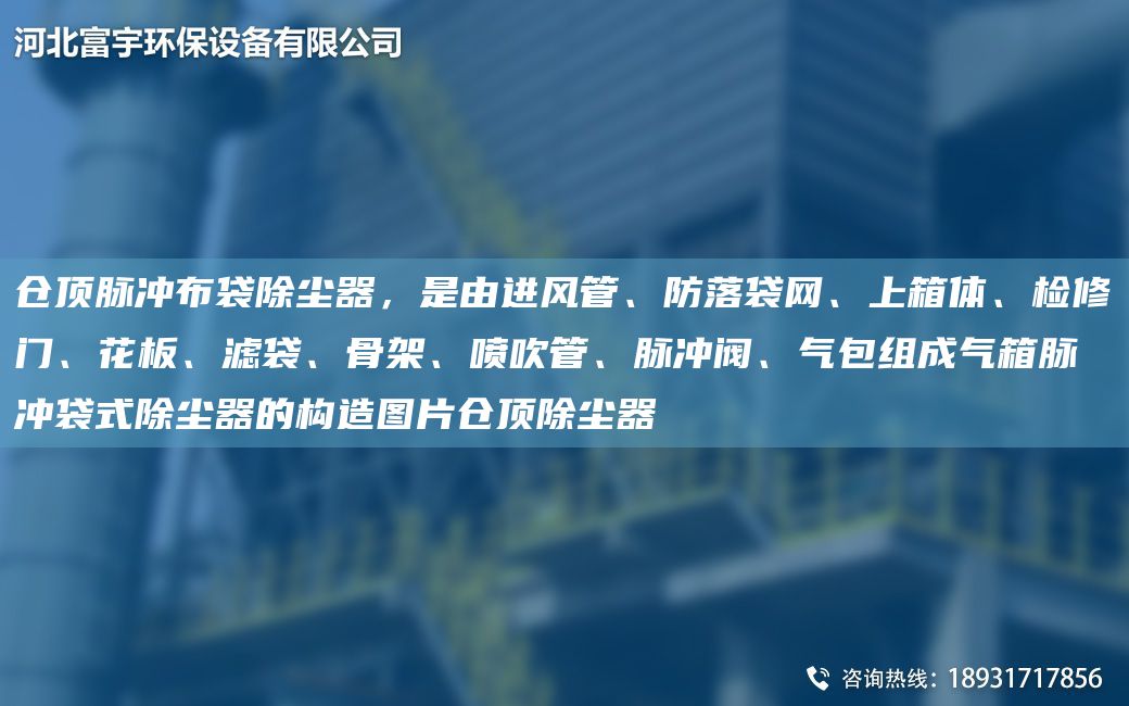 倉頂脈沖布袋除塵器，是由進(jìn)風(fēng)管、防落袋網(wǎng)、上箱體、檢修門、花板、濾袋、骨架、噴吹管、脈沖閥、氣包組成氣箱脈沖袋式除塵器的構(gòu)造圖片倉頂除塵器